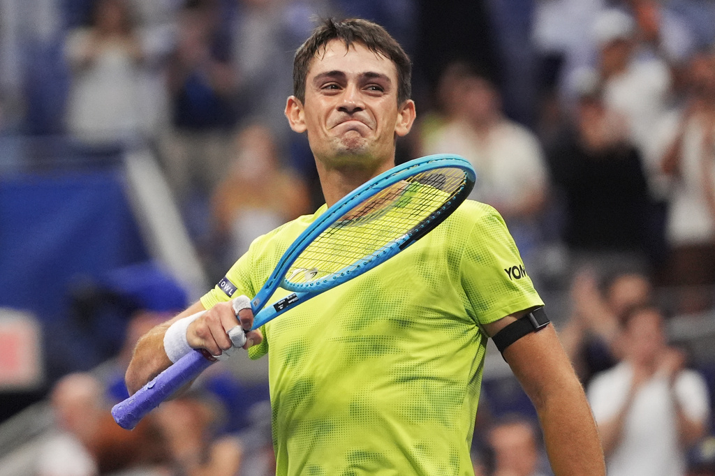 Mariano Navone, of Argentina, celebrates after he defeated Novak Djokovic, of Serbia, during the first round of the U.S. Open tennis championships Sunday, Aug. 30, 2026, in New York. (AP Photo/Frank Franklin II)