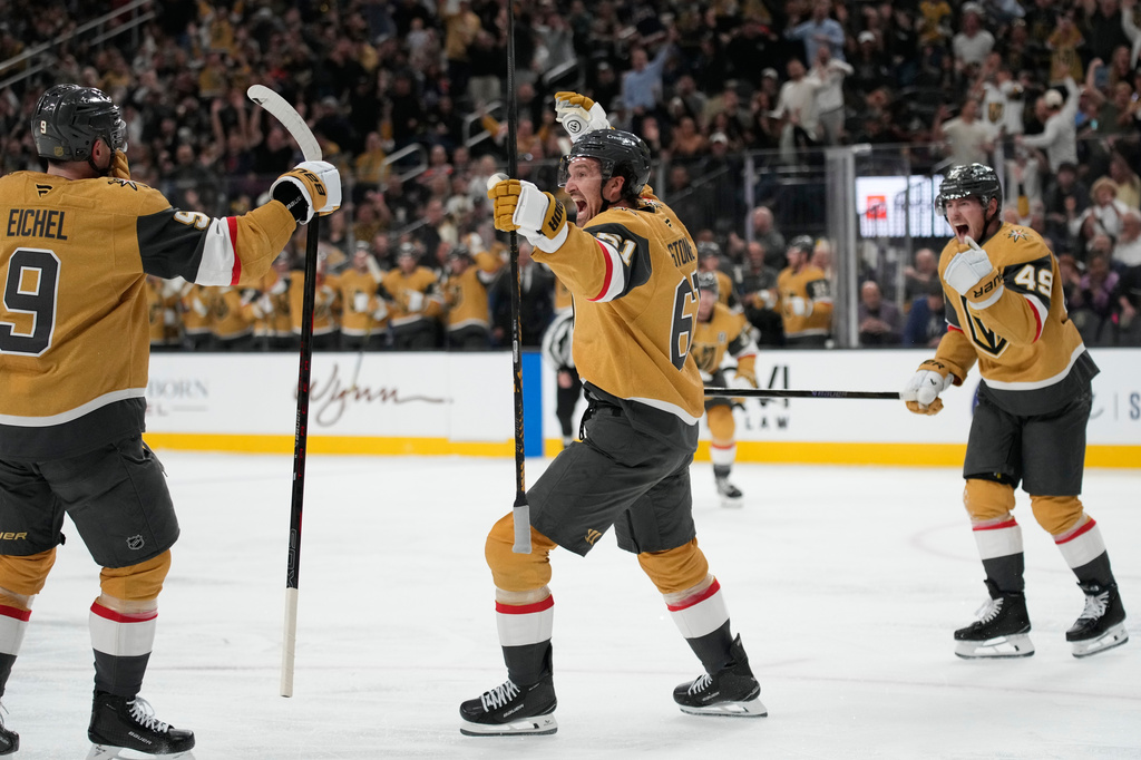 Vegas Golden Knights right wing Mark Stone (61) celebrates after scoring against the Edmonton Oilers during the second period of an NHL hockey game Thursday, March 26, 2026, in Las Vegas. (AP Photo/John Locher)