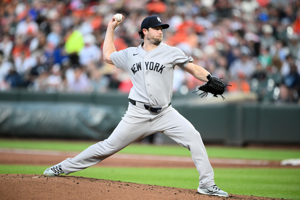 New York Yankees pitcher Gerrit Cole throws during the second inning of a baseball game against the Baltimore Orioles, Thursday, Aug. 20, 2026, in Baltimore. (AP Photo/Nick Wass)