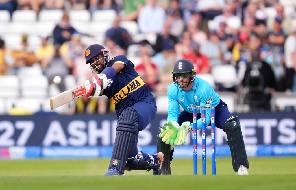 Sri Lanka's Kusal Mendis bats during the one day international cricket match between England and Sri Lanka at Headingley, in Leeds, England, Thursday, Sept. 24, 2026. (Mike Egerton/PA via AP)