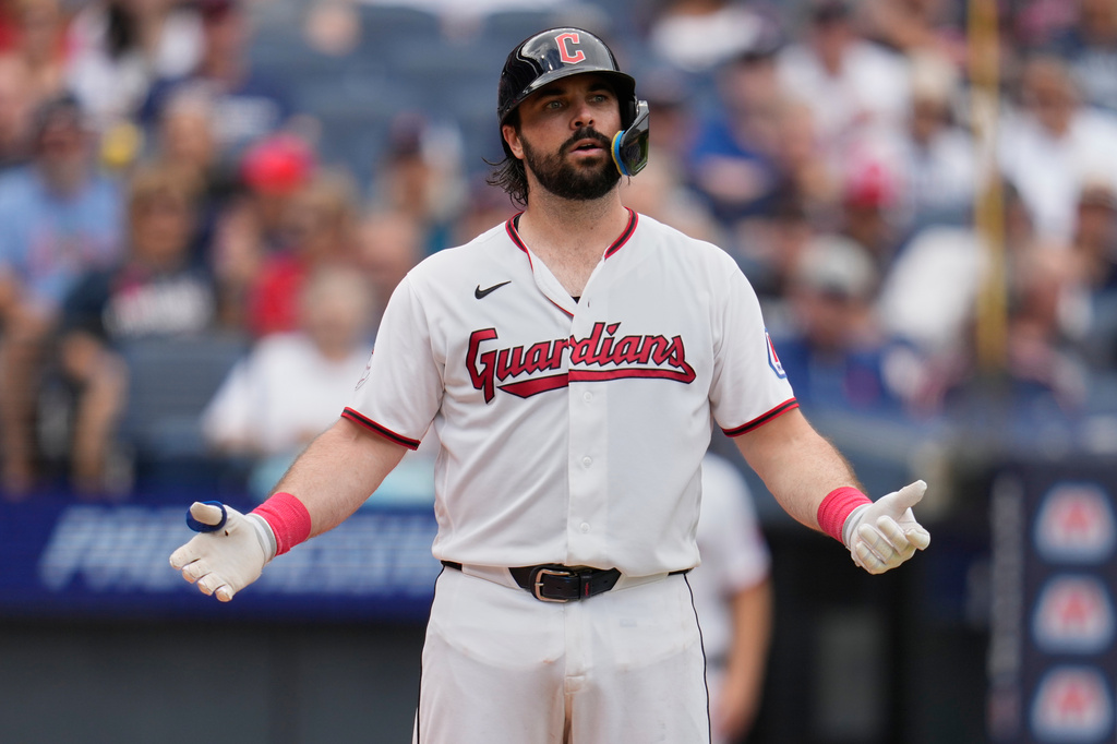 Cleveland Guardians' Austin Hedges gestures after striking out in the second inning of a baseball game against the Chicago White Sox in Cleveland, Wednesday, Sept. 16, 2026. (AP Photo/Sue Ogrocki)