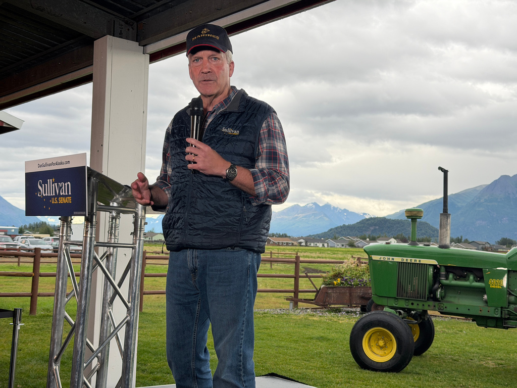 FILE - U.S. Sen. Dan Sullivan, R-Alaska, speaks in Palmer, Alaska, Aug. 17, 2026. (AP Photo/Mark Thiessen, File)