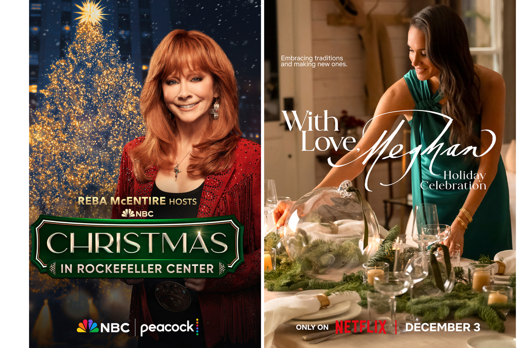 This combination of photos show promotional art for holiday specials “Christmas in Rockefeller Center," left, and “With Love, Meghan: Holiday Celebration." (NBC/Netflix via AP)