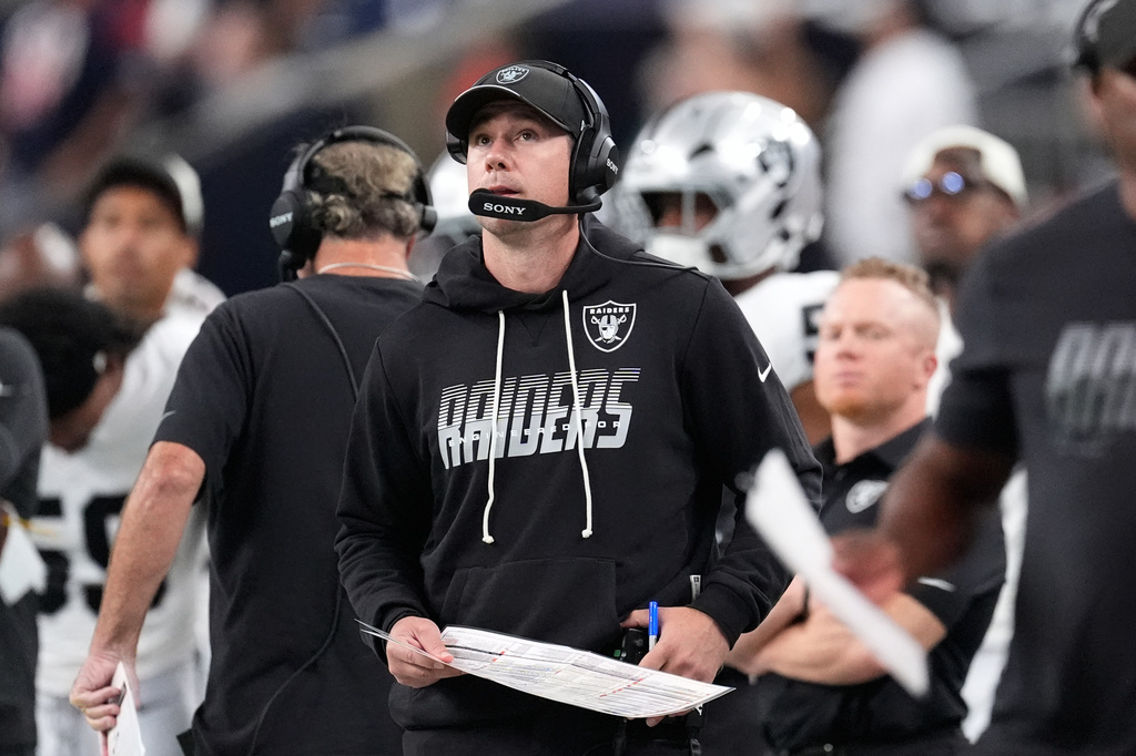 Las Vegas Raiders head coach Klint Kubiak watches from the sidelines during the first half of an NFL preseason football game against the Houston Texans, Thursday, Aug. 20, 2026, in Houston. (AP Photo/David J. Phillip)