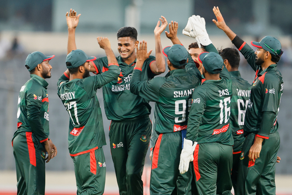 Bangladesh's Nahid Rana celebrates with teammates the wicket of Australia's Liam Scott during the first one day international cricket match between Australia and Bangladesh in Mirpur, Bangladesh, Tuesday, June 9, 2026. (AP Photo/Mosaraf Hossain)