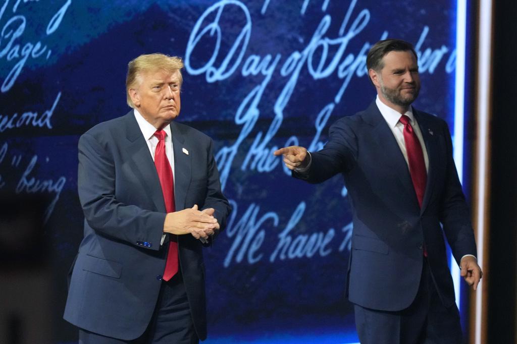 Vice President JD Vance points to President Donald Trump at the Republican convention Thursday, Sept. 10, 2026, in Dallas. (AP Photo/Alex Brandon)
