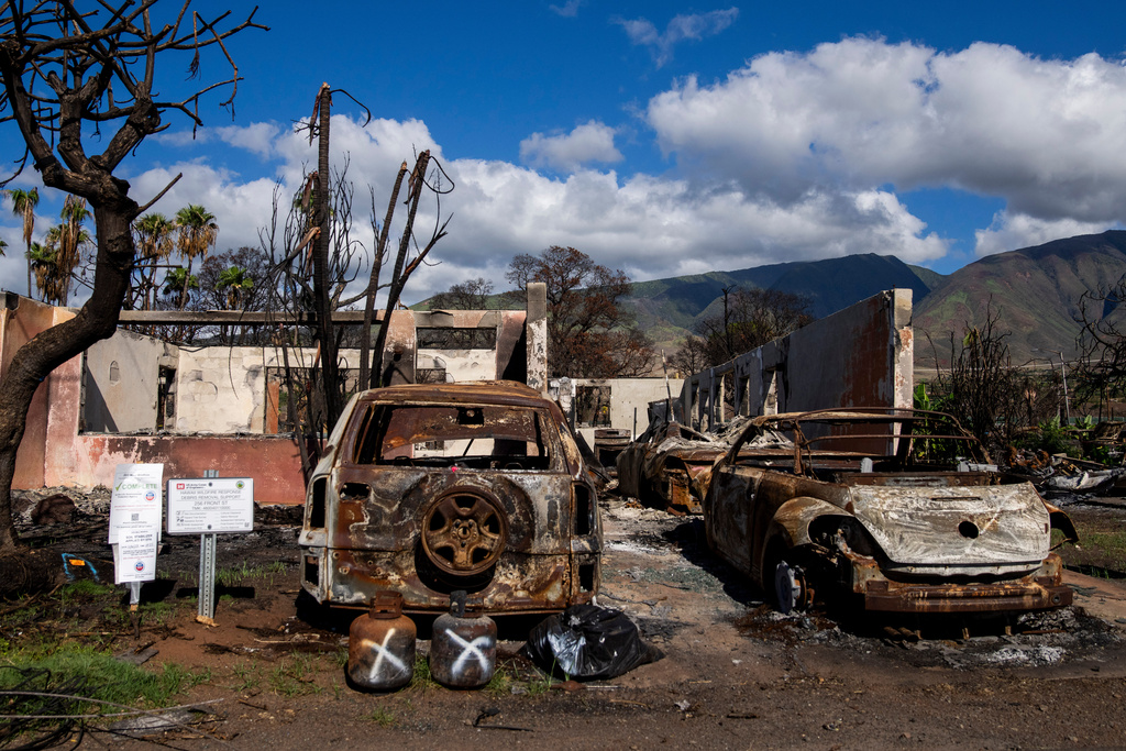 FILE - Burned cars and propane tanks with markings on them sit outside a house destroyed by wildfire, Friday, Dec. 8, 2023, in Lahaina, Hawaii. (AP Photo/Lindsey Wasson, File)