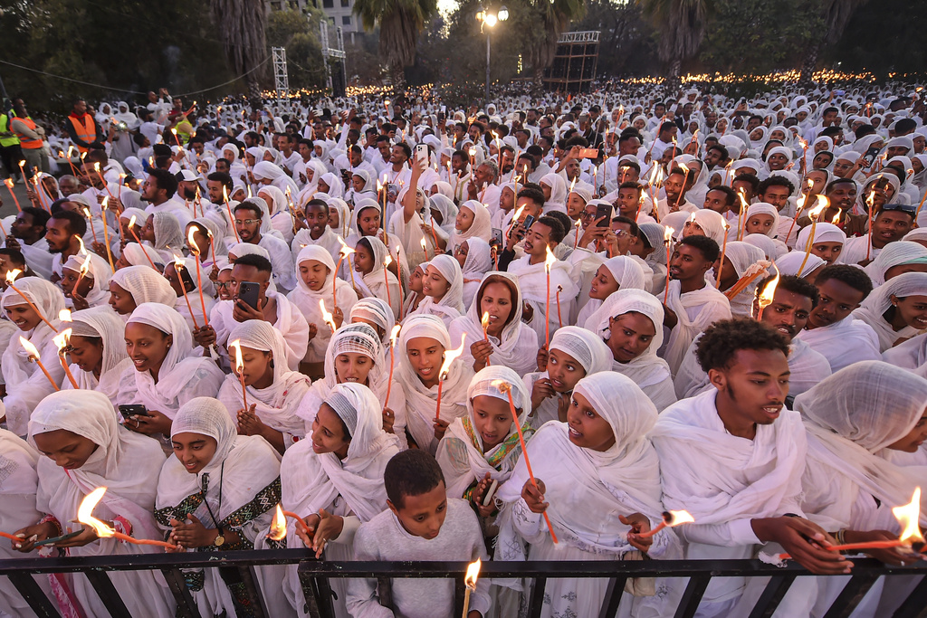 Ethiopian pilgrims pray during a Mass service for Ethiopian Christmas at the Bole Medhane Alem cathedral in Addis Ababa, Ethiopia, Monday, Jan. 6, 2025. (AP Photo)