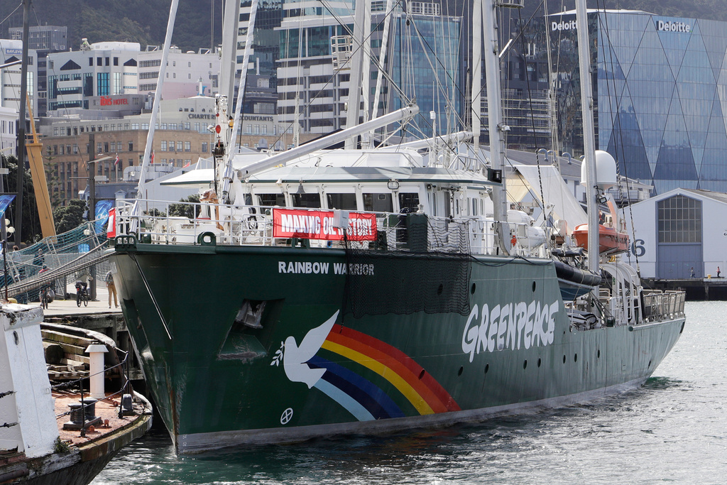 FILE 0 In this Friday Sept. 28, 2018 photo, the Greenpeace flagship the Rainbow Warrior is docked in Wellington, New Zealand. (AP Photo/Mark Baker, File)
