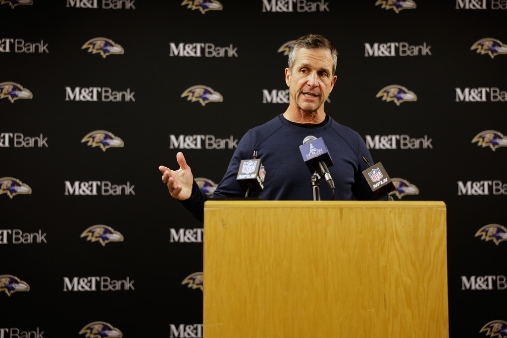 Baltimore Ravens head coach John Harbaugh speaks during a press conference after an NFL football game against the Green Bay Packers, Saturday, Dec. 27, 2025, in Green Bay, Wis. (AP Photo/Matt Ludtke)