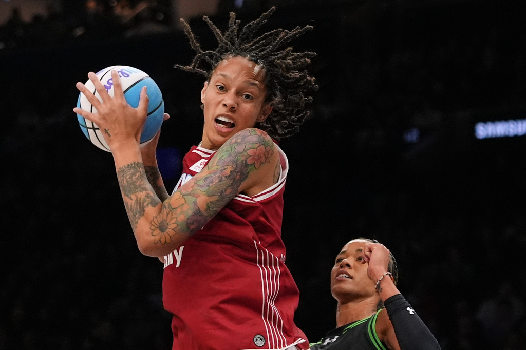 FILE - Vinyl BC forward Brittney Griner (42) rebounds in front of Phantom BC wing Natasha Cloud (15) during the first half of a semifinal in their Unrivaled 3-on-3 basketball game, Monday, March 2, 2026, in New York. (AP Photo/Frank Franklin II, File)