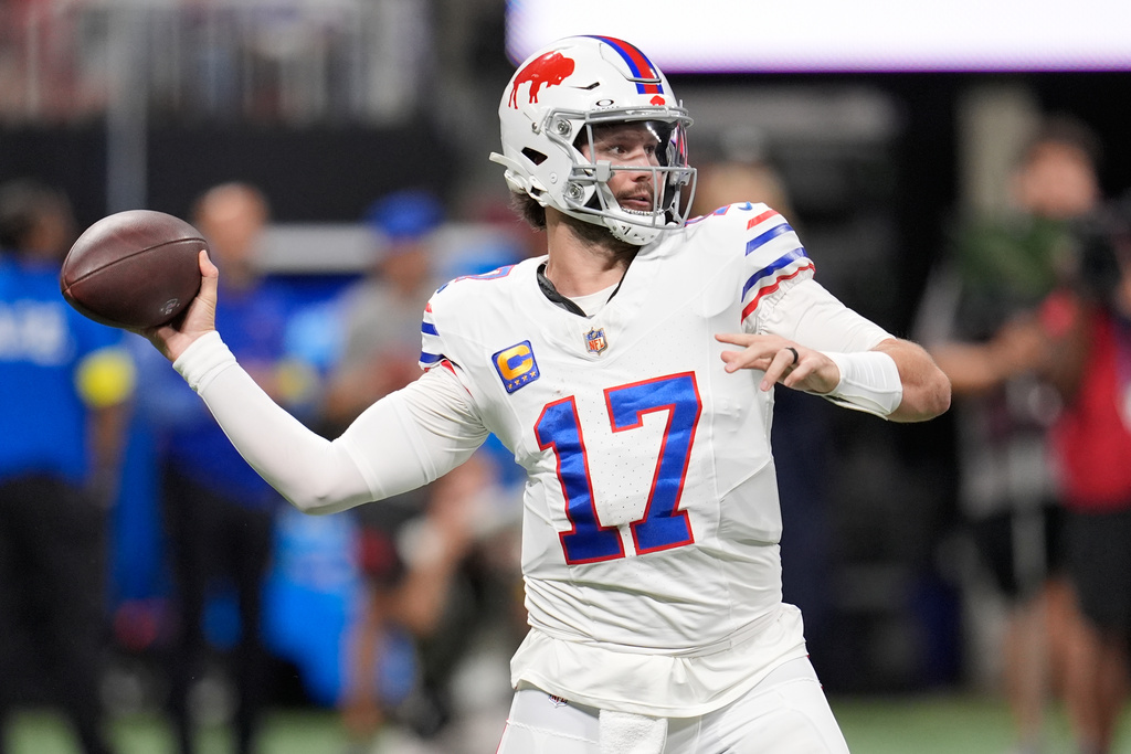 Buffalo Bills quarterback Josh Allen (17) throws a pass during the first half of an NFL football game against the Atlanta Falcons, Monday, Oct. 13, 2025, in Atlanta. (AP Photo/Mike Stewart)