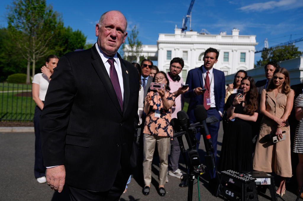 White House border czar Tom Homan speaks to reporters at the White House, Tuesday, April 14, 2026, in Washington. (AP Photo/Manuel Balce Ceneta)