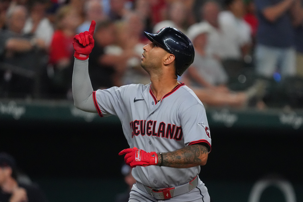 Cleveland Guardians' Brayan Rocchio celebrates after his home run during the fifth inning of a baseball game against the Texas Rangers, Saturday, June 6, 2026, in Arlington, Texas. (AP Photo/LM Otero)
