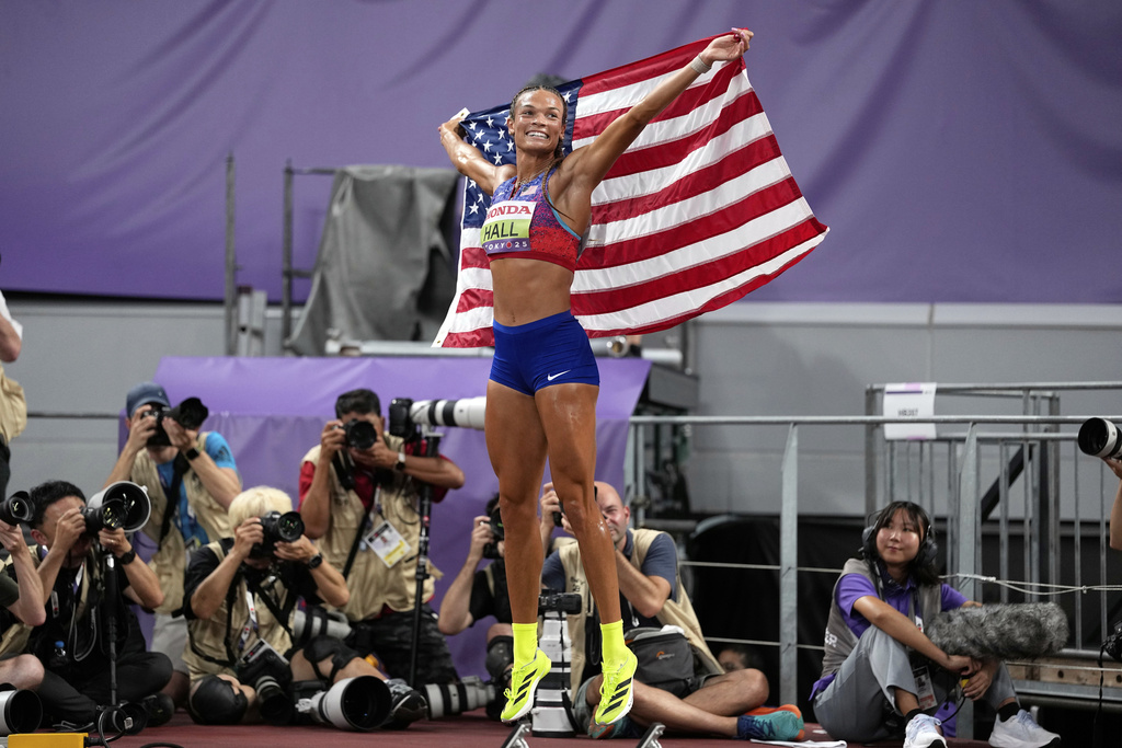 United States' Anna Hall celebrates after winning the gold medal in the heptathlon at the World Athletics Championships in Tokyo, Saturday, Sept. 20, 2025. (AP Photo/Matthias Schrader)
