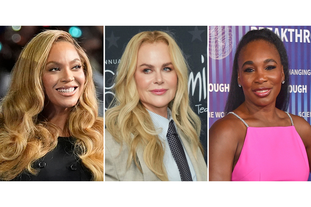 Beyonce appears at a campaign event in Houston, on Oct. 25, 2024, left, Nicole Kidman appears at the 30th Critics Choice Awards Santa Monica, Calif., on Feb. 7, 2025, center, and Venus Williams appears at the 10th Breakthrough Prize Ceremony in Los Angeles on April 13, 2024. (AP Photo)
