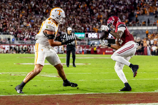 Alabama defensive back Zabien Brown (2) grabs an interception meant for Tennessee tight end Miles Kitselman (87) and returns it 99 yards for a pick-six touchdown on the final play of the first half during an NCAA college football game, Saturday, Oct. 18, 2025, in Tuscaloosa, Ala. (AP Photo/Vasha Hunt) Alabama defensive back Zabien Brown (2) grabs an interception meant for Tennessee tight end Miles Kitselman (87) and returns it 99 yards for a pick-six touchdown on the final play of the first half during an NCAA college football game, Saturday, Oct. 18, 2025, in Tuscaloosa, Ala. (AP Photo/Vasha Hunt)