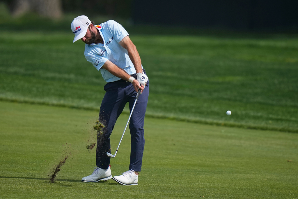 Cameron Young hits from the first fairway during a PGA Championship golf tournament practice round at Aronimink Golf Club, Wednesday, May 13, 2026, in Newtown Square, PA. (AP Photo/Frank Franklin II)