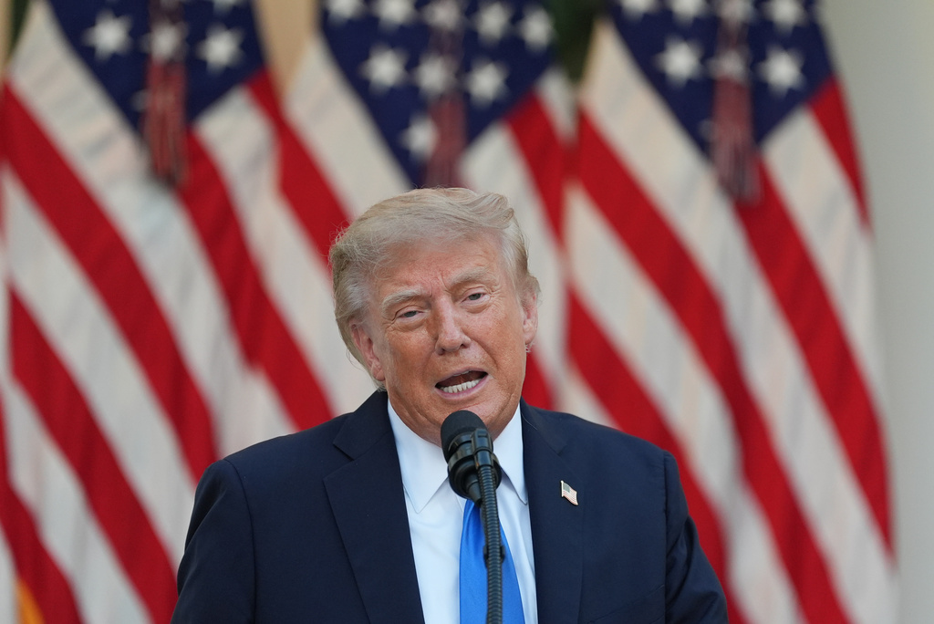 President Donald Trump speaks during an event with Republican lawmakers in the Rose Garden of the White House, Wednesday, Sept. 2, 2026, in Washington. (AP Photo/Alex Brandon)