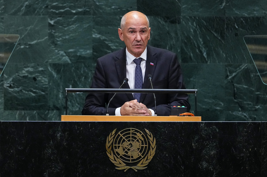 Slovenia's Prime Minister Janez Jansa addresses the 81st session of the United Nations General Assembly at U.N. headquarters Thursday, Sept. 24, 2026. (AP Photo/Frank Franklin II)
