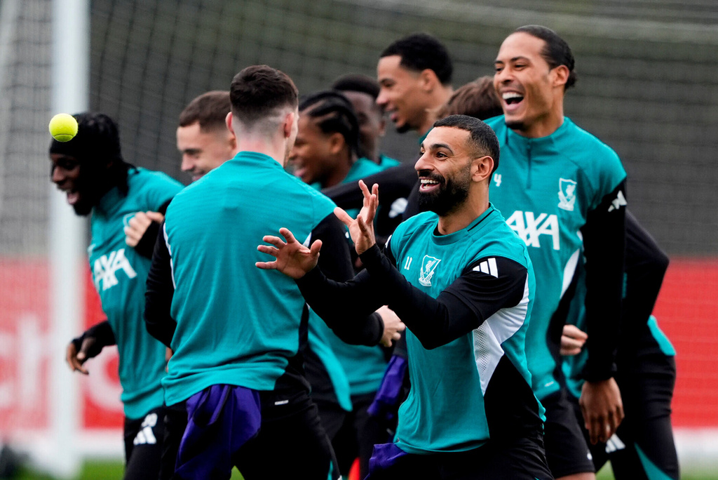 Liverpool's Mohamed Salah during a training session in Liverpool, England, Tuesday, Oct. 21, 2025. (Peter Byrne/PA via AP)