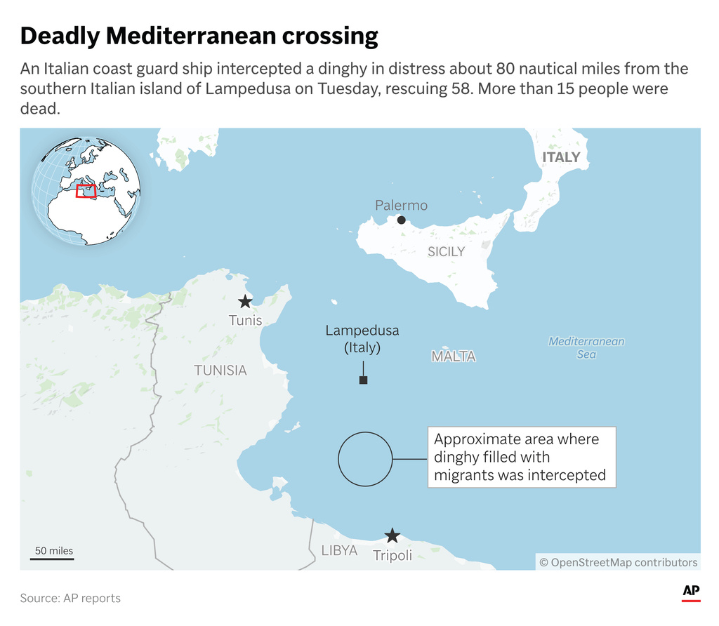 A boat loaded with migrants was rescued Tuesday by Italy's coast guard south of the Italian island of Lampedusa. (AP Graphic)