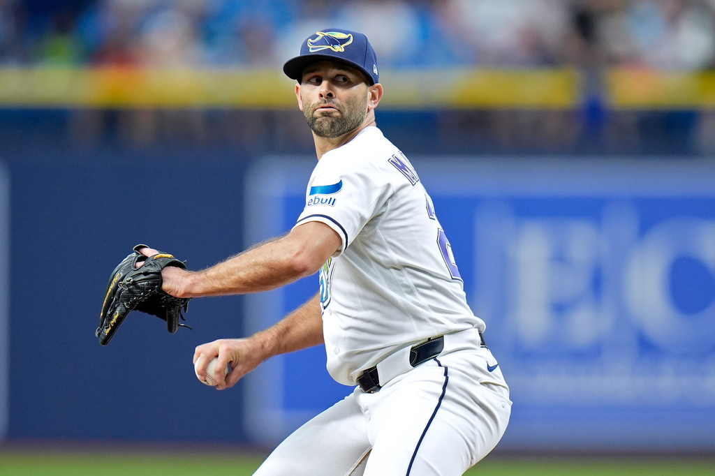 Tampa Bay Rays pitcher Nick Martinez goes into his delivery against the Los Angeles Angels during the first inning of a baseball game Friday, May 29, 2026, in St. Petersburg, Fla. (AP Photo/Chris O'Meara)