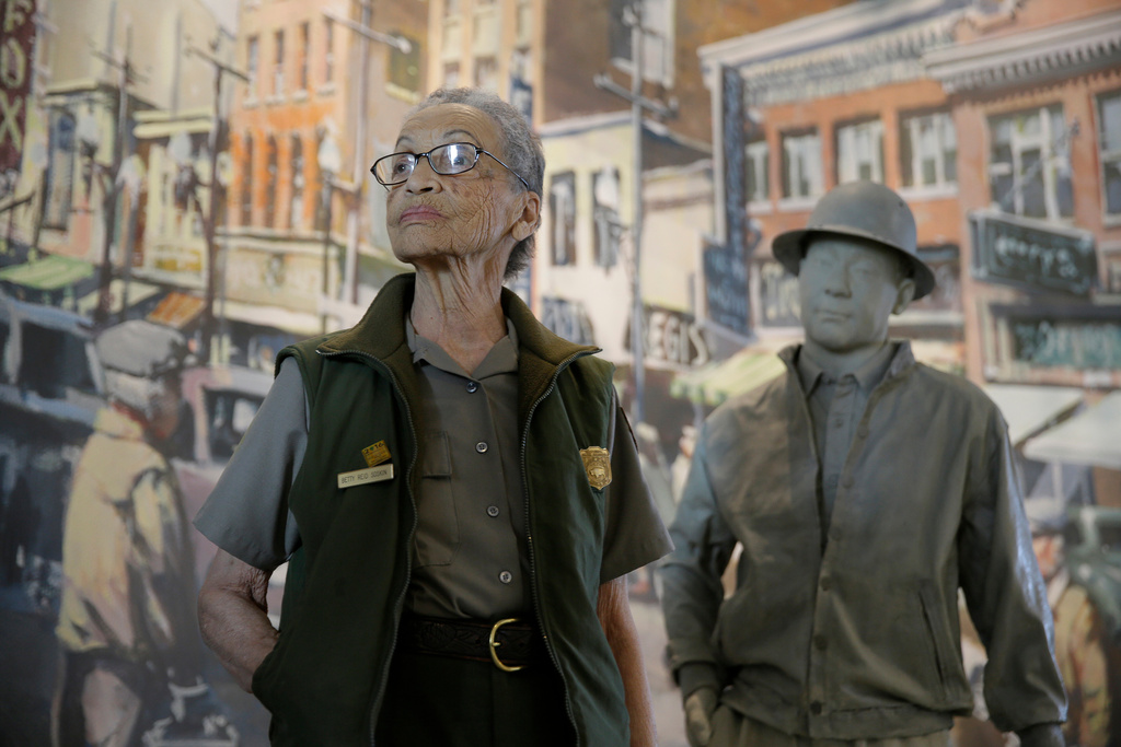 FILE - National Park Service Ranger Betty Reid Soskin works at the visitors center of the Rosie the Riveter/World War II Home Front National Historical Park in Richmond, Calif., July 26, 2016. (AP Photo/Eric Risberg, File)