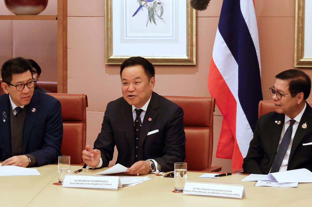 Thailand's Prime Minister Anutin Charnvirakul, center, speaks during a meeting with Australian Prime Minister Anthony Albanese, unseen, at Parliament House in Canberra, Australia, Wednesday, Aug. 19, 2026. (Hilary Wardhaugh/Pool Photo via AP)