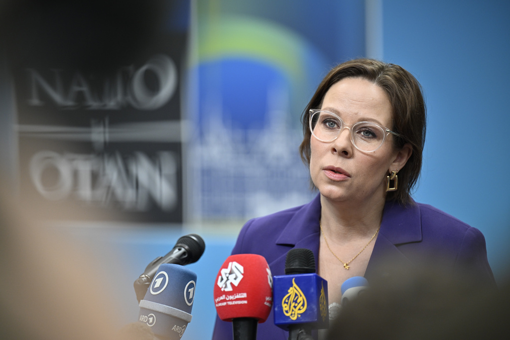 Swedish Foreign Minister Maria Malmer Stenergard speaks to media at the NATO Foreign Ministers' meeting in Helsingborg, Sweden, Friday, May 22, 2026. (Johan Nilsson/TT News Agency via AP)