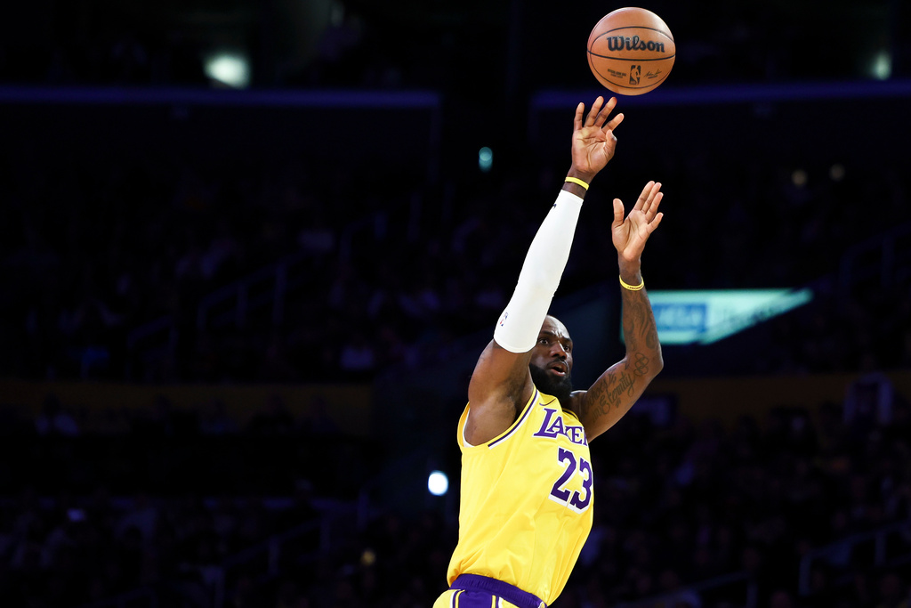 Los Angeles Lakers forward LeBron James shoots during the first half of an NBA basketball game against the Los Angeles Clippers, Friday, Feb. 20, 2026, in Los Angeles. (AP Photo/Jessie Alcheh)