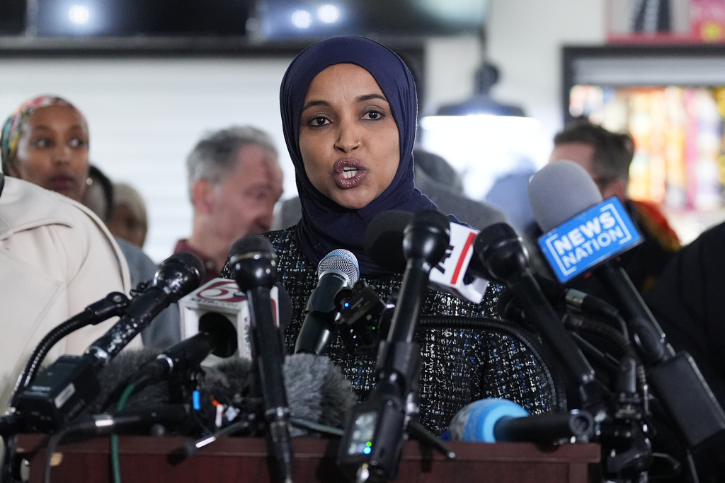 Rep. Ilhan Omar, D-Minn., speaks during a press conference on Wednesday, Jan. 28, 2026, in Minneapolis. (AP Photo/Adam Gray)