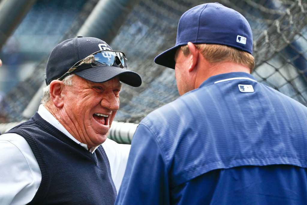 FILE - Former San Diego Padres pitcher Randy Jones, left, laughs while talking with manager Pat Murphy prior to a baseball against the Arizona Diamondbacks in San Diego on June 26, 2015. (AP Photo/Lenny Ignelzi, File)