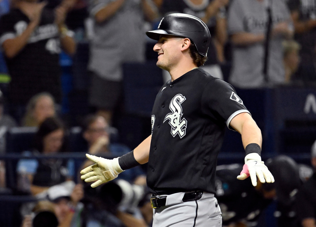Chicago White Sox's Colson Montgomery celebrates after his home run during the sixth inning of a baseball game against the Tampa Bay Rays, Friday, July 31, 2026, in St. Petersburg, Fla. (AP Photo/Jason Behnken)
