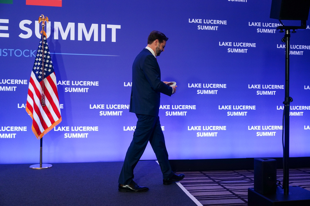 Vice President JD Vance walks after speaking to members of the media following high-level talks between the U.S. and Iran at the Bürgenstock Resort in Obbuergen, near Lucerne, in Switzerland, Monday, June 22, 2026. (Nathan Howard/Pool Photo via AP)