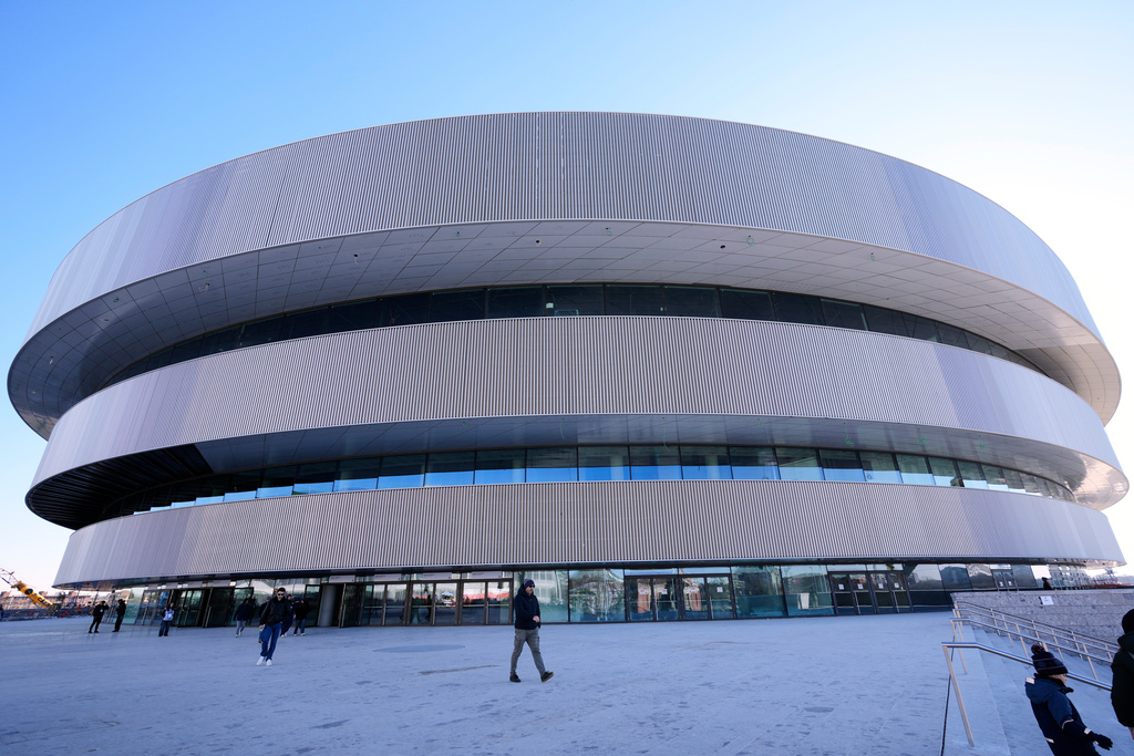 An outside view of the Santa Giulia Ice Hockey Arena, in Milan, where Ice Hockey discipline of the Milan Cortina 2026 Winter Olympics will take place, in Milan, Italy, Sunday, Jan. 11, 2026. (AP Photo/Luca Bruno)