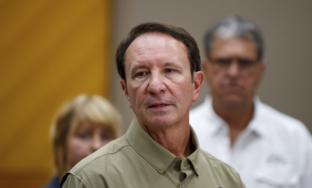 Louisiana Gov. Jeff Landry speaks alongside federal, state and parish officials during a press conference at the Tangipahoa Parish Council chambers in Amite, La., Monday, Aug. 25, 2025, addressing public, wildlife and environmental safety concerns following an explosion at Smitty's Supply. (David Grunfeld/The Times-Picayune/The New Orleans Advocate via AP)