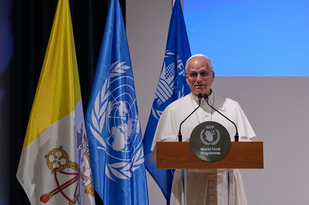 Pope Leo XIV delivers his speech during the annual session of the executive board of the United Nations World Food Programme in Rome, Monday, June 22, 2026. (AP Photo/Alessandra Tarantino)