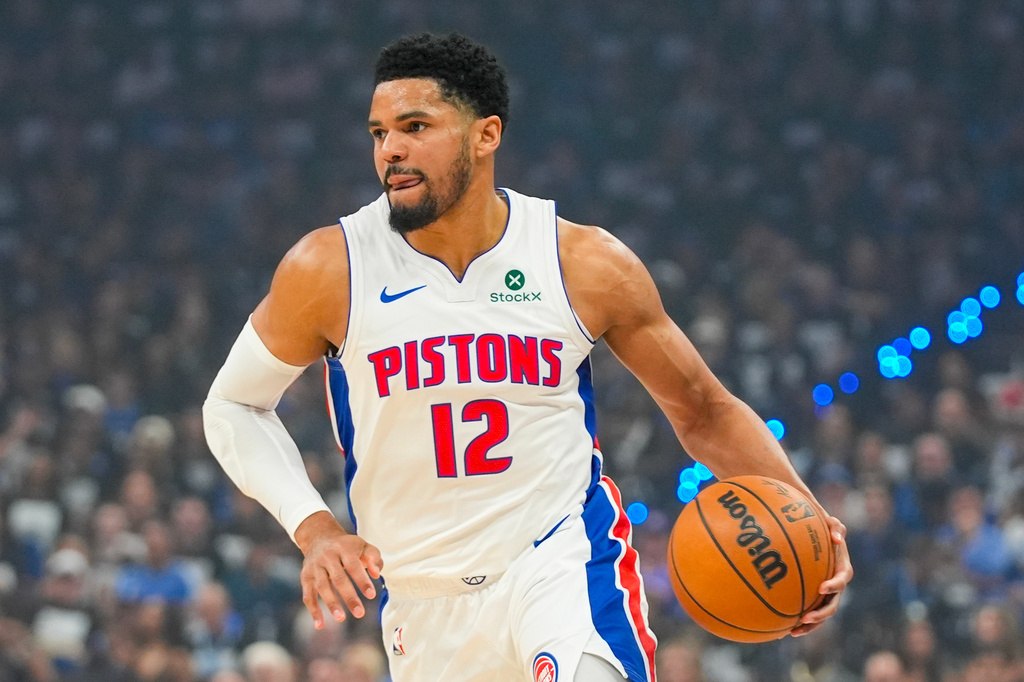 FILE - Detroit Pistons forward Tobias Harris advances the ball against the Orlando Magic during the first half in Game 6 of a first-round NBA basketball playoff series, May 1, 2026, in Orlando, Fla. (AP Photo/John Raoux, File)