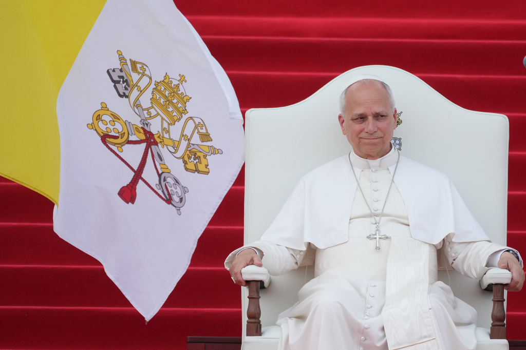 Pope Leo XIV meets with representatives of the world of culture at the Leon XIV Campus of the National University in Malabo, Equatorial Guinea, Tuesday, April 21, 2026, on the ninth day of his 11-day pastoral visit to Africa. (AP Photo/Andrew Medichini)