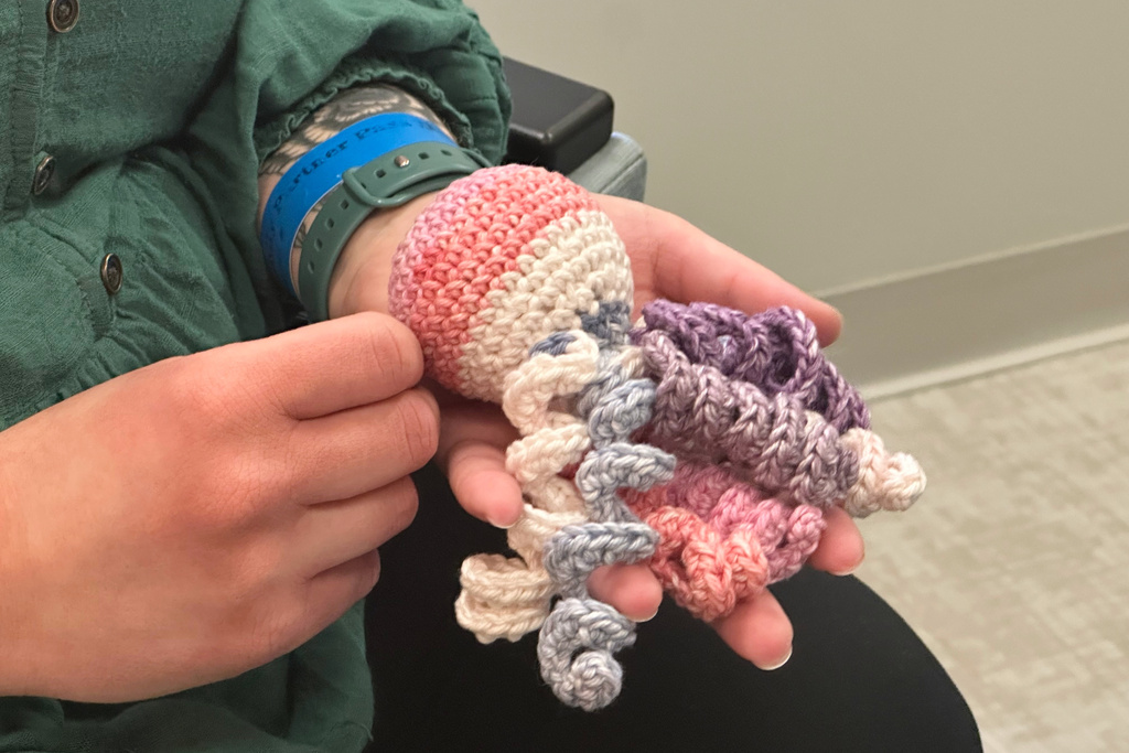 Joelle Haley holds amigurumi octopi at the Children's Hospital of Michigan Neonatal Intensive Care Unit at DMC Hutzel Women's Hospital in Detroit, Thursday, Feb. 26, 2026. (AP Photo/Corey Williams)