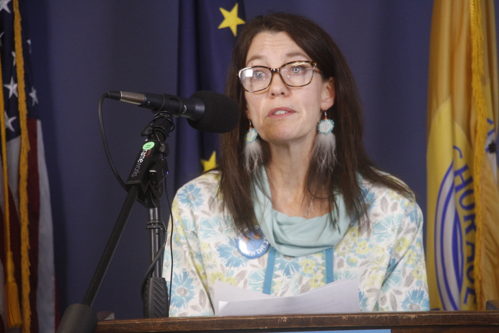 Anchorage Mayor Suzanne LaFrance gives an update on the relocation of hundreds of victims of western Alaska communities that suffered severe damage earlier this month from the remains of Typhoon Halong to Anchorage, during a news conference Tuesday, Oct. 21, 2025, in Anchorage, Alaska. (AP Photo/Mark Thiessen)
