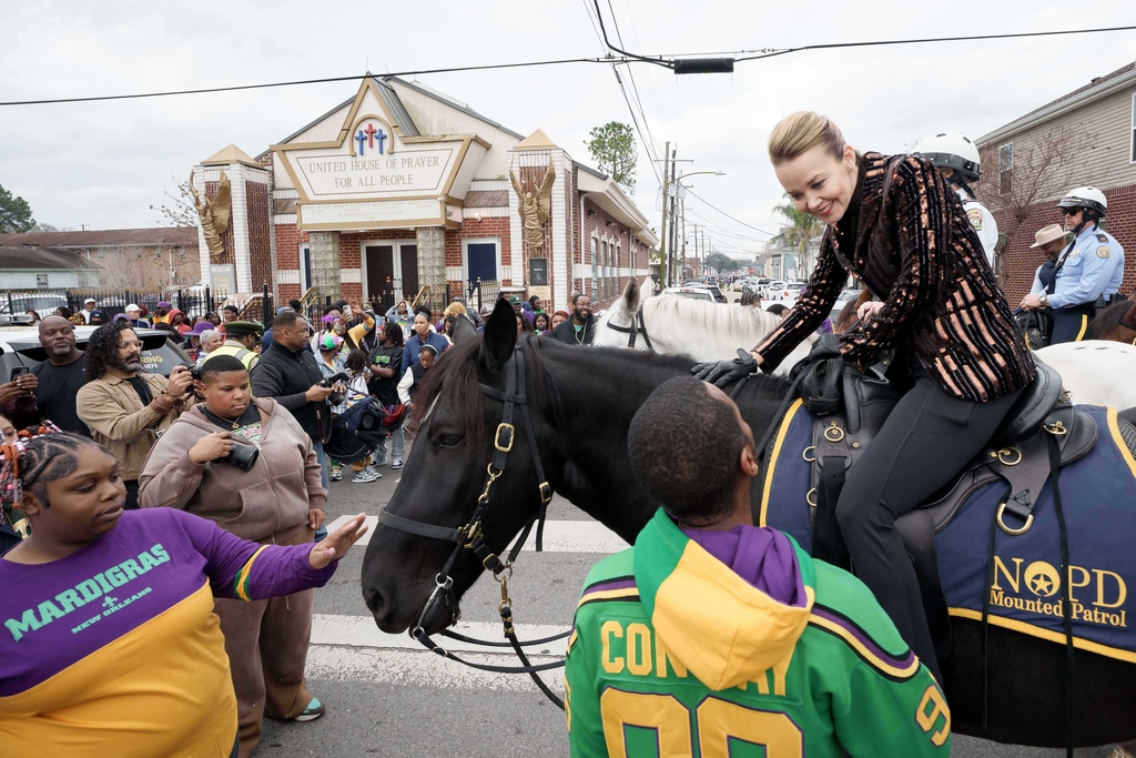 New Orleans Mayor Helena Moreno parades on horseback on Mardi Gras Day, Tuesday, Feb. 17, 2026 in New Orleans. (AP Photo/Matthew Hinton)