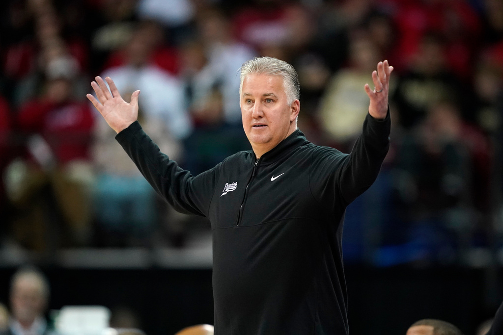 Purdue head coach Matt Painter reacts to a call during the first half of an NCAA college basketball game against Wisconsin, Saturday, Jan. 3, 2026, in Madison. (AP Photo/Kayla Wolf)