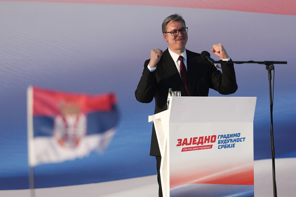 Serbian President Aleksandar Vucic addresses a rally of the ruling Serbian Progressive Party (SNS) in Belgrade, Serbia, Saturday, June 27, 2026. (AP Photo/Darko Vojinovic)