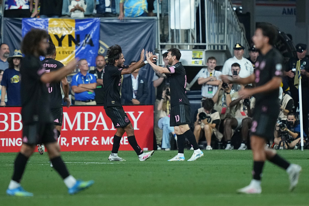Inter Miami's Leo Messi, center right, celebrates after scoring against the Philadelphia Union during the first half of an MLS soccer match, Wednesday, Aug. 19, 2026, in Chester, Pa. (AP Photo/Matt Rourke)