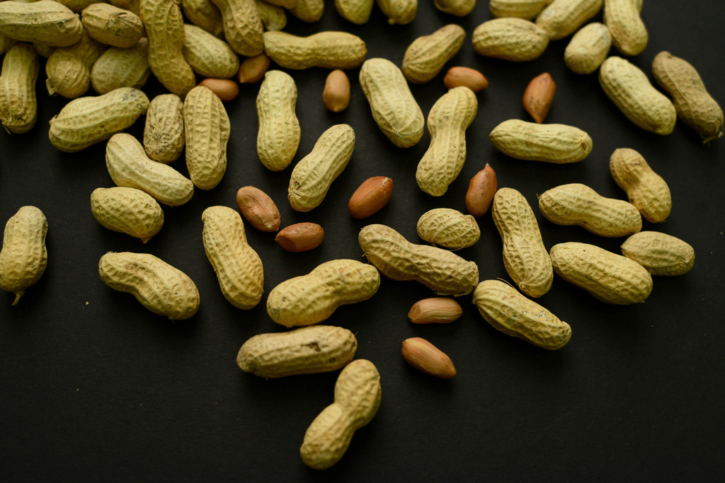 FILE - An arrangement of peanuts is seen Feb. 20, 2015, in New York. (AP Photo/Patrick Sison, File)