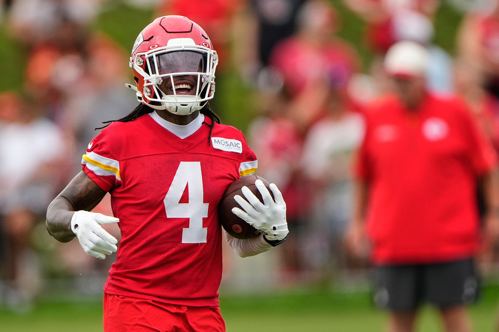 Kansas City Chiefs wide receiver Rashee Rice runs the ball during NFL football training camp Friday, July 31, 2026, in St. Joseph, Mo. (AP Photo/Charlie Riedel)