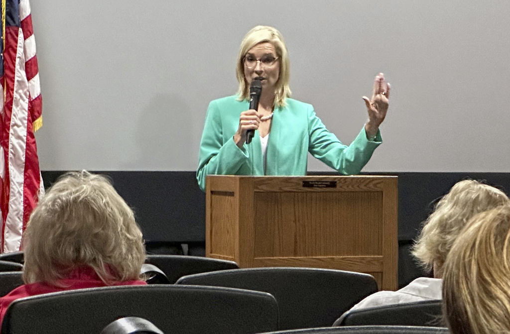 Rep. Ashley Hinson, R-Iowa, speaks in Northwood, Iowa, Wednesday, Aug. 27, 2005. (AP Photo/Tom Beaumont)