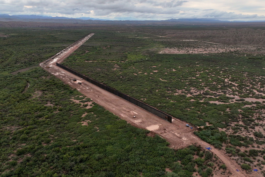 A portion of border wall is under construction in the Big Bend region, Wednesday, Sept. 23, 2026, near Sierra Blanca, Texas. (AP Photo/John Locher)